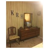 Mid century modern dresser with mirror, vintage side chair