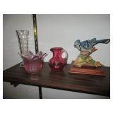 Fenton cranberry glass mini pitcher, Fenton bowl, vase, porcelain bird