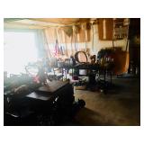 Garage items, wheelbarrow, old singer sewing machine table w/ machine, mops, brooms, etc.