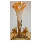 ART NOUVEAU CARNIVAL GLASS TRUMPET EPERGNE with CAST GILT HERON