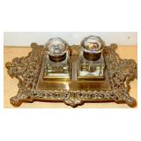 VINTAGE BRASS INKWELL DESK SET, CHERUB ANGEL HANDLES