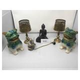 Asian Sculptures and Two Brass Candleholders