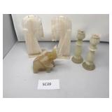 Onyx Bookends, Candlesticks, and Elephant