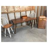 48 Inch Drop Leaf Table, Two Stools, and Small Storage Cabinet
