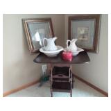 Rolling Bar Drop Leaf Table, 2 Bowls and Pitchers, Matching Floral Prints