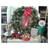 Large Pre-Lit Christmas Wreath and Other Various Christmas Decorations