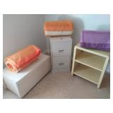 File Cabinet, Wood Chest, Metal Shelf & 3 Retro Blankets