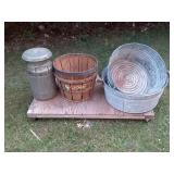 Flat Pull Cart, Two Metal Wash Basins, Two Apple Baskets, and a Milk Container