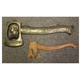 Late 19th C. Washington brass hatchet shaped plaque and C/1900 Tashmoo Park souvenir hatchet 