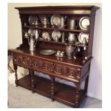 C/1880 English Oak Pewter Cupboard w/3 drawer base and open galley below 