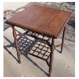 C/1880 Square Oak Victorian lamp table  w/unique twisted fretwork bottom shelves 