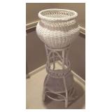 White wicker jardinière and tall stand 