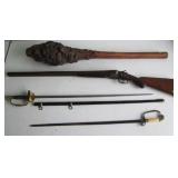 Huge Indian War Club, Damaskus Shotgun, 1810 Sword, CW Officers Sword