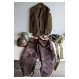 ~ Pr. Sheepskin Bomber pants ~ WWII Army Service coat w/patches 1952 Soviet helmet w/liner Etc
