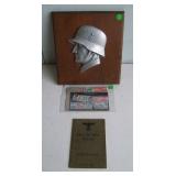3 pc. WWII German group including metal plaque w/Soldier relief, 1940 Work pass and postage sta