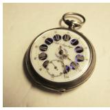 C/1890 Lg. Pocket Watch w/enameled fancy dial, 15 Ruby movement, 800 silver case, marked "Remontoir"