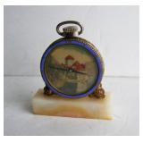 C/1900 Swiss desktop/paperweight pocket watch w/hand painted Chateau scene