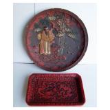 1900 Lg Cinnabar Charger with Figure & 70s Laquered Dragon Tray