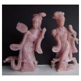 Pr of Carved Rose Quartz Carvings of Quan Yin Figures