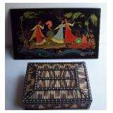 70s Russian Laqured Wall Plaque and 1880 Quill Box from India