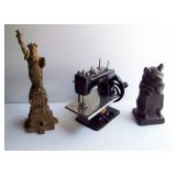 1875 Williams Cast Iron Libery Bank, 20s Childs Sewing Machine - 30s Cast Iron Wise Pig Dime Bank