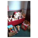 Toy box full of stuffed animals, some old toys