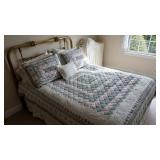 Brass Headboard with Queen Mattress and Bedding