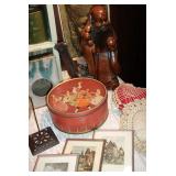 Uneeda tin and small German watercolors.