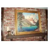 Mountain vista oil in ornate frame by Yostler