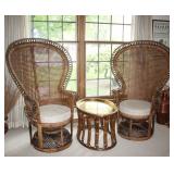 Vintage rattan throne chairs and brass tray top table