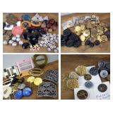 Large array of vintage buttons, buckles, including military