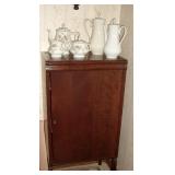 Antique cabinet, tea set and Modern chine coffee pots