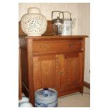 Ceramic Asian lamp, antique painted crock and very nice washstand