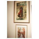 Dutch girl watercolor by Carlton and unsigned autumn watercolor