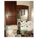 Queen bed headbead, large mirrors and quilts