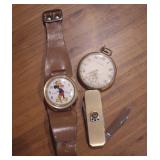 1970s Mickey watch, 1920s Waltham pocket watch, award SW Bell pocket knife with emeralds