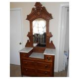 WALNUT AND MARBLE DRESSER AND MIRROR