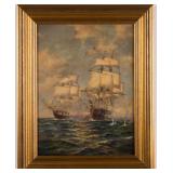 Edward Moran (American, 1823-1903) oil on board historical marine scene (c. 1880), 15 ½" x 11 ½" sig