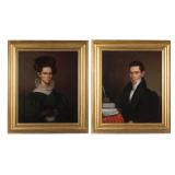 Pair of American folk art portraits, Waltham, Massachusetts sitters identified on old inscribed labe