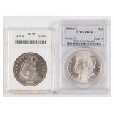 Selection of American coins, including an 1880-CC MS65 Morgan silver dollar and an 1870 AU58 U. S. t