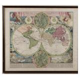 Jean-Baptiste Homann (1664-1724) "Planiglobii Terrestris cum utroq Hemisphaerio Caelesti", hand-colo