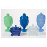 Extremely rare colored lacy covered salts and over 30 colored covered egg cups/pomades