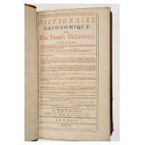 A 1725 printing of Dictionaire Oeconomique or The Family Dictionary.