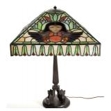 Sample of leaded glass and reverse-painted lighting, including a Dufner & Kimberley Eygptian lamp.