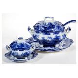 Large selection (185 pieces) of Staffordshire Transferware Flow Blue in the "Fairy Villas" pattern