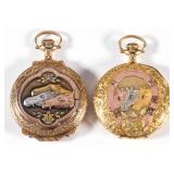 Waltham tricolor gold pocket watches with diamond and ruby accents