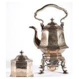 American coin silver, including a kettle on stand and tea box