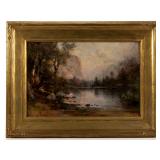 Thomas Hill (British-American, 1829-1908) oil on board Yosemite landscape, depicting Mirror Lake, fr