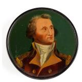 Rare lacquered papier mache snuff box depicting George Washington, his lapel inscribed "Adams", poss