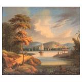 One of a pair of Chinese Export oil on canvas landscape paintings (c.1860) attributed to Youqua (act